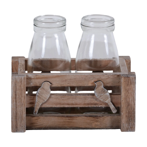 2703 - Flaschenvasen im Holzhalter / 2-Tlg