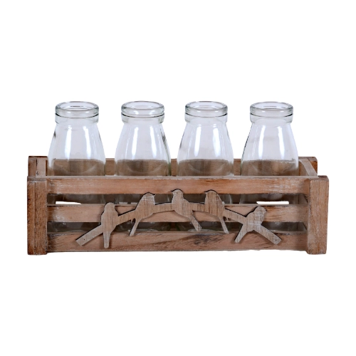 2704 - Flaschenvasen im Holzhalter / 4-Tlg